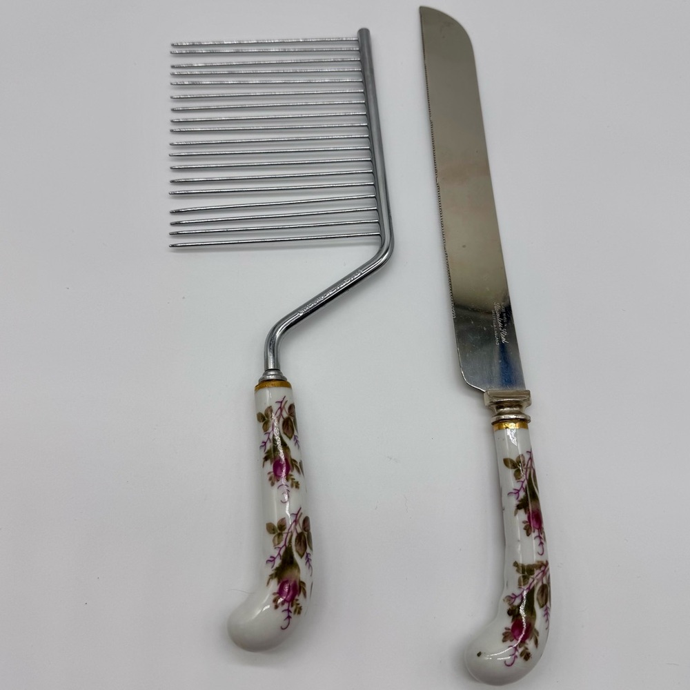 Vintage Sheffield England Cake Knife & Pastry Comb Floral Ceramic Handle Set